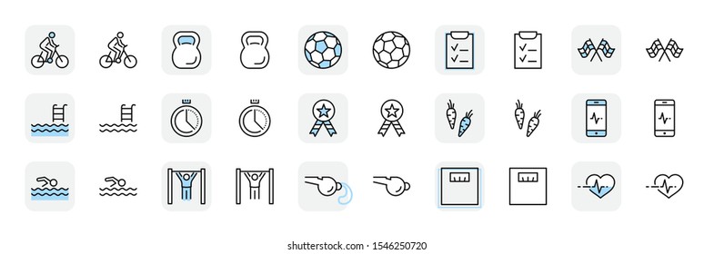 Set of Fitness Vector Line Icons. Contains such Icons as Cycling, Kettlebell Sport, Soccer Ball, Heartbeat, Workout, Stopwatch, Timer, Diet Plan, Sport Nutrition and more. Editable Stroke. 32x32 Pixel