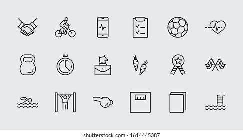 Set of Fitness Vector Line Icons. Contains such Icons as Cycling, Kettlebell Sport, Soccer Ball, Heartbeat, Workout, Stopwatch, Timer, Diet Plan, Sport Nutrition and more. Editable Stroke. 32x32 Pixel