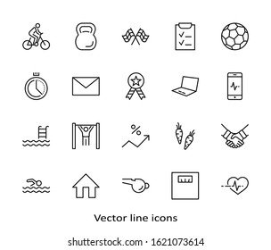 Set of Fitness Vector Line Icons. Contains such Icons as Cycling, Kettlebell Sport, Soccer Ball, Heartbeat, Workout, Stopwatch, Timer, Diet Plan, Sport Nutrition and more. Editable Stroke. 32x32
