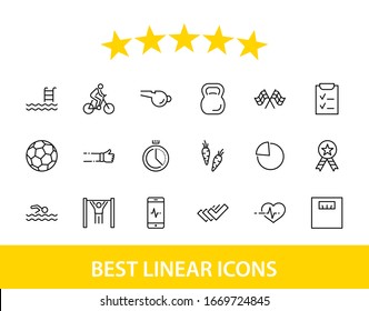 Set of Fitness Vector Line Icons. Contains such Icons as Cycling, Kettlebell Sport, Soccer Ball, Heartbeat, Workout, Stopwatch, Timer, Diet Plan, Sport Nutrition and more. Editable Stroke 32x32 Pixel