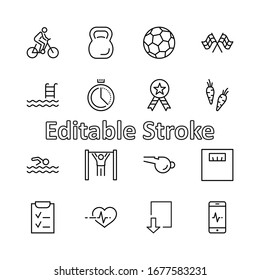 Set of Fitness Vector Line Icons. Contains such Icons as Cycling, Kettlebell Sport, Soccer Ball, Heartbeat, Workout, Stopwatch, Timer, Diet Plan, Sport Nutrition and more. Editable Stroke 32x32 Pixel