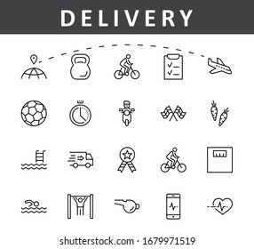 Set of Fitness Vector Line Icons. Contains such Icons as Cycling, Kettlebell Sport, Soccer Ball, Heartbeat, Workout, Stopwatch, Timer, Diet Plan, Sport Nutrition and more. Editable Stroke 32x32 Pixel