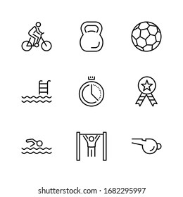 Set of Fitness Vector Line Icons. Contains such Icons as Cycling, Kettlebell Sport, Soccer Ball, Heartbeat, Workout, Stopwatch, Timer, Diet Plan, Sport Nutrition and more. Editable Stroke 32x32 Pixel