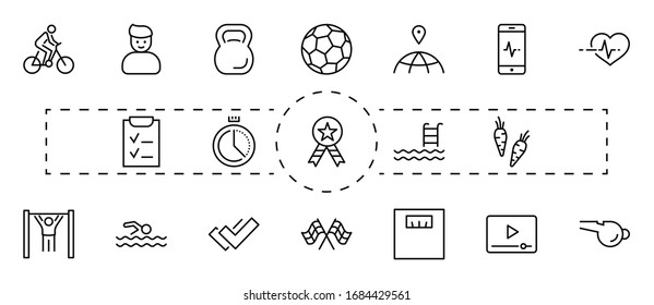 Set of Fitness Vector Line Icons. Contains such Icons as Cycling, Kettlebell Sport, Soccer Ball, Heartbeat, Workout, Stopwatch, Timer, Diet Plan, Sport Nutrition and more. Editable Stroke 32x32 Pixel