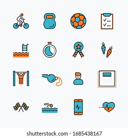 Set of Fitness Vector Line Icons. Contains such Icons as Cycling, Kettlebell Sport, Soccer Ball, Heartbeat, Workout, Stopwatch, Timer, Diet Plan, Sport Nutrition and more. Editable Stroke. 32x32 Pixel