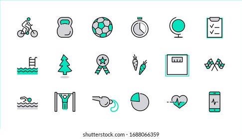 Set of Fitness Vector Line Icons. Contains such Icons as Cycling, Kettlebell Sport, Soccer Ball, Heartbeat, Workout, Stopwatch, Timer, Diet Plan, Sport Nutrition and more. Editable Stroke. 32x32 Pixel
