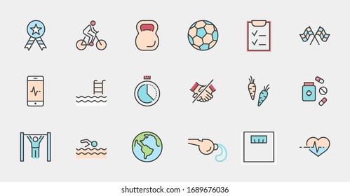 Set of Fitness Vector Line Icons. Contains such Icons as Cycling, Kettlebell Sport, Soccer Ball, Heartbeat, Workout, Stopwatch, Timer, Diet Plan, Sport Nutrition and more. Editable Stroke. 32x32 Pixel