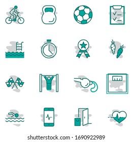 Set of Fitness Vector Line Icons. Contains such Icons as Cycling, Kettlebell Sport, Soccer Ball, Heartbeat, Workout, Stopwatch, Timer, Diet Plan, Sport Nutrition and more. Editable Stroke. 32x32 Pixel