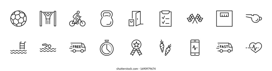 Set of Fitness Vector Line Icons. Contains such Icons as Cycling, Kettlebell Sport, Soccer Ball, Heartbeat, Workout, Stopwatch, Timer, Diet Plan, Sport Nutrition and more. Editable Stroke 32x32 Pixel
