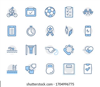 Set of Fitness Vector Line Icons. Contains such Icons as Cycling, Kettlebell Sport, Soccer Ball, Heartbeat, Workout, Stopwatch, Timer, Diet Plan, Sport Nutrition and more. Editable Stroke. 32x32 Pixel
