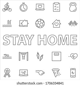 Set of Fitness Vector Line Icons. Contains such Icons as Cycling, Kettlebell Sport, Soccer Ball, Heartbeat, Workout, Stopwatch, Timer, Diet Plan, Sport Nutrition and more. Editable Stroke. 32x32 Pixel