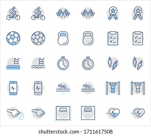 Set of Fitness Vector Line Icons. Contains such Icons as Cycling, Kettlebell Sport, Soccer Ball, Heartbeat, Workout, Stopwatch, Timer, Diet Plan, Sport Nutrition and more. Editable Stroke. 32x32 Pixel