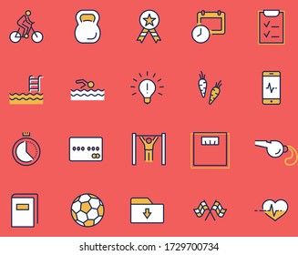 Set of Fitness Vector Line Icons. Contains such Icons as Cycling, Kettlebell Sport, Soccer Ball, Heartbeat, Workout, Stopwatch, Timer, Diet Plan, Sport Nutrition and more. Editable Stroke. 32x32 Pixel