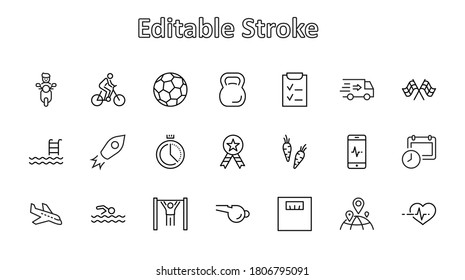 Set of Fitness Vector Line Icons. Contains such Icons as Cycling, Kettlebell Sport, Soccer Ball, Heartbeat, Workout, Stopwatch, Timer, Diet Plan, Sport Nutrition and more. Editable Stroke 32x32 Pixel