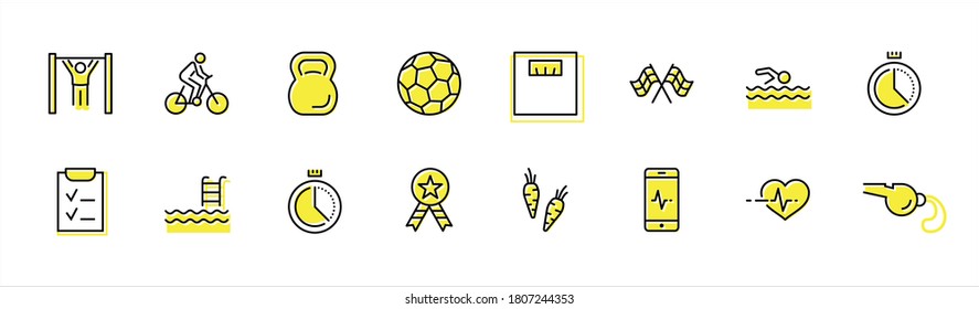 Set of Fitness Vector Line Icons. Contains such Icons as Cycling, Kettlebell Sport, Soccer Ball, Heartbeat, Workout, Stopwatch, Timer, Diet Plan, Sport Nutrition and more. Editable Stroke. 32x32 Pixel