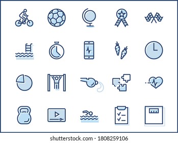 Set of Fitness Vector Line Icons. Contains such Icons as Cycling, Kettlebell Sport, Soccer Ball, Heartbeat, Workout, Stopwatch, Timer, Diet Plan, Sport Nutrition and more. Editable Stroke. 32x32 Pixel