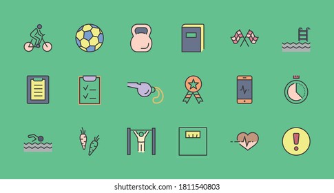 Set of Fitness Vector Line Icons. Contains such Icons as Cycling, Kettlebell Sport, Soccer Ball, Heartbeat, Workout, Stopwatch, Timer, Diet Plan, Sport Nutrition and more. Editable Stroke. 32x32 Pixel