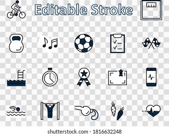 Set of Fitness Vector Line Icons. Contains such Icons as Cycling, Kettlebell Sport, Soccer Ball, Heartbeat, Workout, Stopwatch, Timer, Diet Plan, Sport Nutrition and more. Editable Stroke. 32x32 Pixel