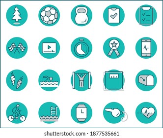 Set of Fitness Vector Line Icons. Contains such Icons as Cycling, Kettlebell Sport, Soccer Ball, Heartbeat, Workout, Stopwatch, Timer, Diet Plan, Sport Nutrition and more. Editable Stroke. 32x32 Pixel