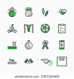 Set of Fitness Vector Line Icons. Contains such Icons as Cycling, Kettlebell Sport, Soccer Ball, Heartbeat, Workout, Stopwatch, Timer, Diet Plan, Sport Nutrition and more. Editable Stroke. 32x32 Pixel