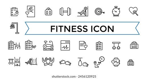 Set of Fitness Vector Line Icons Collection. Contains related to Healthy Lifestyle, Weight Training, Body care and more. Outline icons collection.