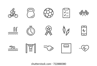 Set of Fitness Vector Line Icons. Contains such Icons as Cycling, Kettlebell Sport, Soccer Ball, Heartbeat, Workout, Stopwatch, Timer, Diet Plan, Sport Nutrition and more. Editable Stroke. 32x32 Pixel