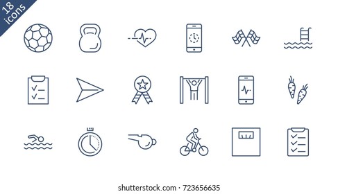 Set of Fitness Vector Line Icons. Contains such Icons as Cycling, Kettlebell Sport, Soccer Ball, Heartbeat, Workout, Stopwatch, Timer, Diet Plan, Sport Nutrition and more. Editable Stroke. 32x32 Pixel