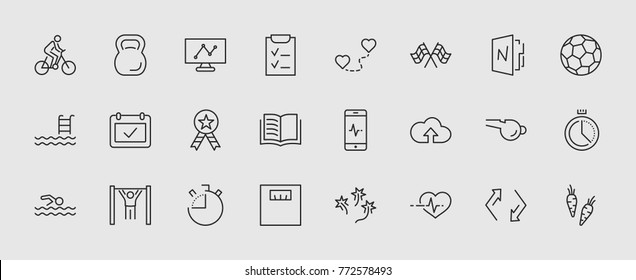 Set of Fitness Vector Line Icons. Contains such Icons as Cycling, Kettlebell Sport, Soccer Ball, Heartbeat, Workout, Stopwatch, Timer, Diet Plan, Sport Nutrition and more. Editable Stroke. 32x32 Pixel