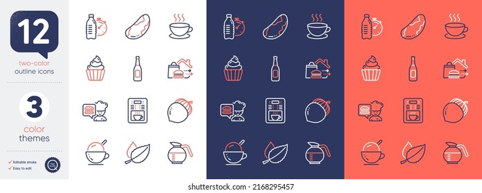 Set of Fitness water, Cappuccino and Acorn line icons. Include Coffee maker, Cupcake, Beer icons. Chef, Ice cream, Coffeepot web elements. Brazil nut, Food delivery, Mint leaves. Drink bottle. Vector