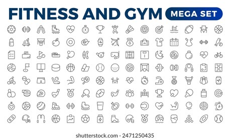 Set of fitness and wellness related line icons, wellbeing, mental health, healthcare, cosmetics, spa, medical. Outline icon collection. 