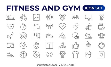 Set of fitness and wellness related line icons, wellbeing, mental health, healthcare, cosmetics, spa, medical. Outline icon collection. 