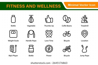 Set of fitness and wellness related line icons, wellbeing, mental health, healthcare, cosmetics, spa, medical. Outline icon collection.