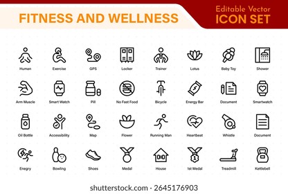 Set of fitness and wellness related line icons, wellbeing, mental health, healthcare, cosmetics, spa, medical. Outline icon collection.