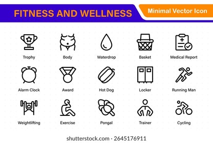 Set of fitness and wellness related line icons, wellbeing, mental health, healthcare, cosmetics, spa, medical. Outline icon collection.