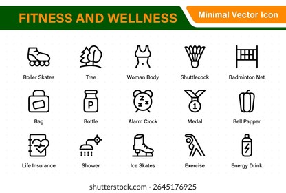 Conjunto de fitness e bem-estar relacionados ícones de linha, bem-estar, saúde mental, saúde, cosméticos, spa, médico. Contornar a coleção de ícones.