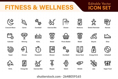 Set of fitness and wellness related line icons, wellbeing, mental health, healthcare, cosmetics, spa, medical. Outline icon collection.