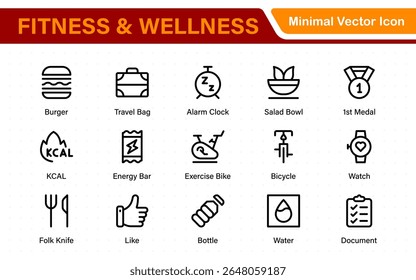 Set of fitness and wellness related line icons, wellbeing, mental health, healthcare, cosmetics, spa, medical. Outline icon collection.