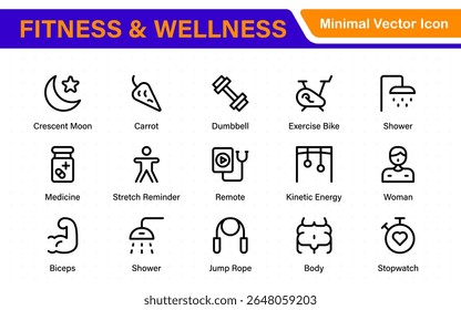 Set of fitness and wellness related line icons, wellbeing, mental health, healthcare, cosmetics, spa, medical. Outline icon collection.