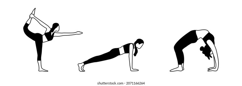 Set of fitness woman flat shape design. Streching, pilatess, yoga, balance, ballet, dance exercises. Sport vector concept 