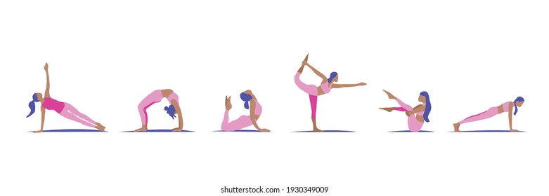 Set of fitness woman in flat style. Slim girl doing  exercises. Gymnastic yoga plank stretching Pilates. Sport Collection. Vector illustration on white background, isolated