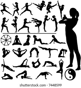 Set of fitness women exercise, do martial arts and yoga, in a group of silhouettes, with Eastern, Buddhist symbols.