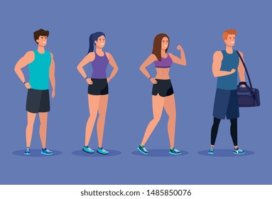 set of fitness women and men to exercise activity