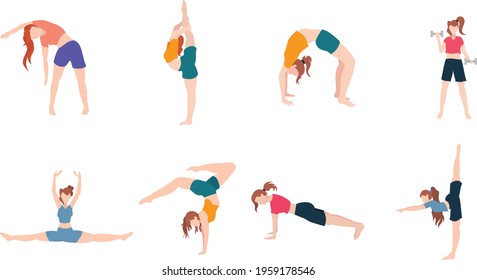 Set of fitness and yoga exercises. Vector illustrations