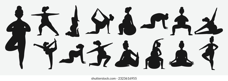 Set of fitness yoga pregnant woman exercises isolated on white background