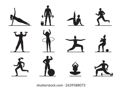 Set of fitness and yoga silhouettes featuring various exercise poses and stretching positions