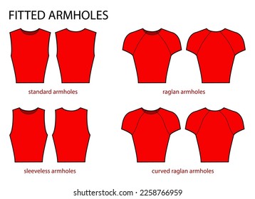 Set of Fitted armhole short length standard, sleeveless, raglan sleeves clothes technical fashion illustration with fitted body. Flat apparel template front, back side. Women, men unisex CAD mockup