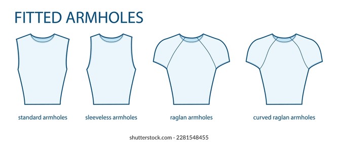 Set of Fitted armhole short length standard, sleeveless, curved raglan sleeves clothes technical fashion illustration with fitted body. Flat apparel template front side. Women, men unisex CAD mockup