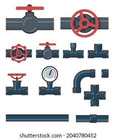 Set. Fittings, taps, bends and fittings. Spare parts for pipelines, sewerage, gas pipelines and any liquids. Isolated on a white background. Illustration Vector.