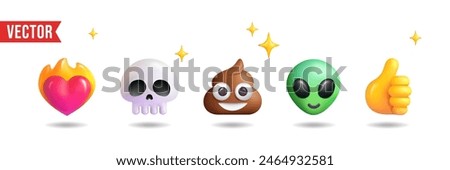 Set of five 3D emoji signs isolated on white background. Heart on fire, skull, poop, alien, thumbs up. Vector illustrations.