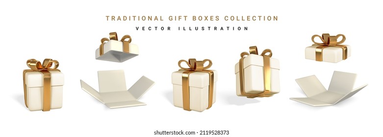 Set of five 3D render and draw by mesh realistic gift box with bow. Paper box with shadow isolated on white background. Vector illustration.